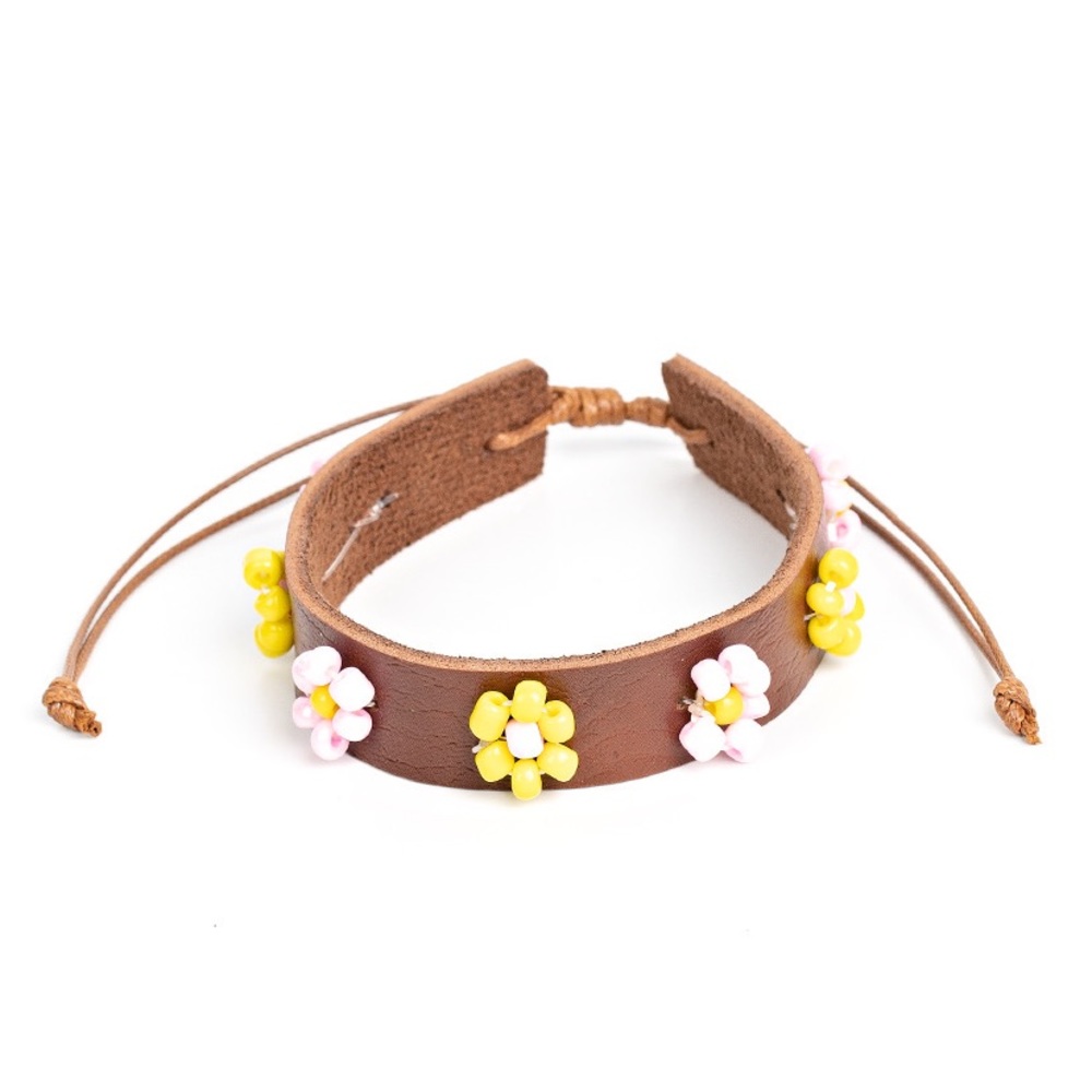 Pink and Yellow Flower Seed Bead Leather Pull tie bracelet - Picture 2 of 2